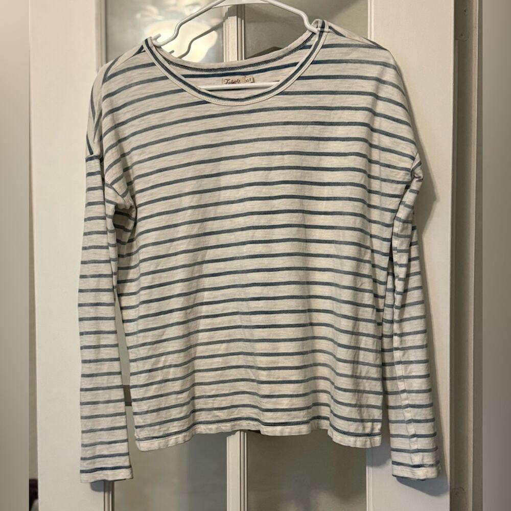 Faherty women’s cotton sun washed slub knit long sleeve navy striped shirt XS